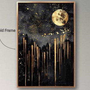Lienzo enmarcado con paisaje nocturno de luna dorada, arte de pared, pintura de noche estrellada celestial, impresión abstracta, decoración de pared con cielo vertical, póster listo para colgar