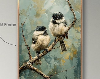 Chickadee Pair Framed Canvas Art: Winter Bird Painting, Nature Wall Decor