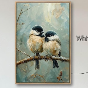 Lienzo enmarcado con encantadores carboneros, arte de pared, dos pájaros en la rama de un árbol, pintura impresa, decoración de pared de vida silvestre invernal, regalo para amantes de las aves, listo para colgar