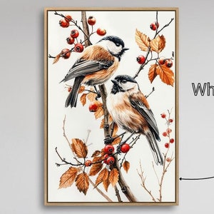 Impresión en lienzo enmarcada de carboneros de cabeza negra, pareja de pajaritos, lienzo para pared, pintura de pajaritos en una rama, decoración de otoño, lista para colgar
