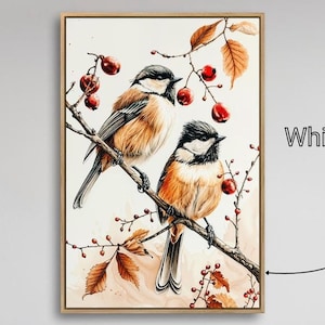 Impresión en lienzo enmarcada de carboneros en una rama con frutos rojos, lienzo de pajarito pequeño, arte de pared, pintura de vida silvestre, impresión, decoración aviar, lista para colgar