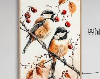 Chickadees on Branch Framed Canvas Print: Small Bird Art, Avian Decor