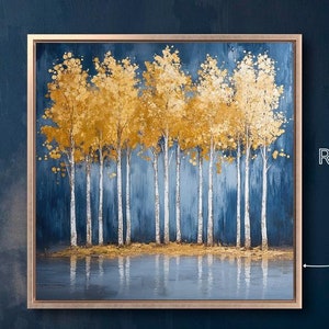 Lienzo enmarcado con impresión de árboles con hojas doradas, lienzo abstracto con estanque de bosque, arte de pared, pintura de otoño, decoración de lujo natural lista para colgar