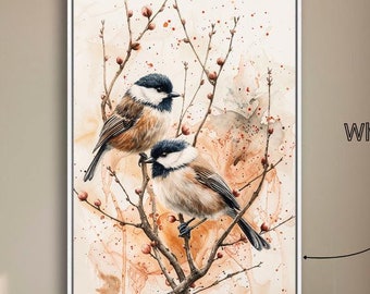 Chickadee Couple Framed Canvas Print, Watercolor Birds Wall Art