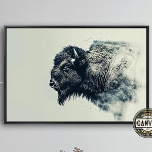 Mighty Bison Framed Canvas Print American Buffalo Canvas Wall Art Abstract Animal Side Profile Painting Print Farmhouse Decor Ready to Hang
