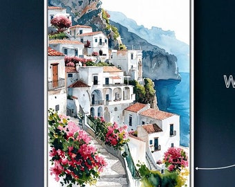 Amalfi Coast Framed Canvas Art, Italian Village Watercolor Print