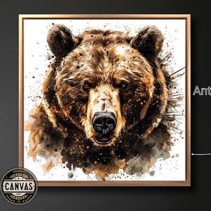 Splendid Grizzly Bear Framed Canvas Print Abstract Animal Canvas Wall Art Brown Bear Watercolor Painting Print Square Decor Ready to Hang