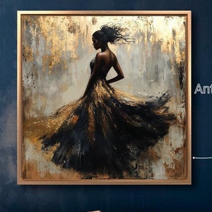 Dynamic Dancing Girl Luxury Framed Canvas Print Elegant Black Woman Canvas Wall Art Gold Accent Painting Print Fashion Decor Ready to Hang