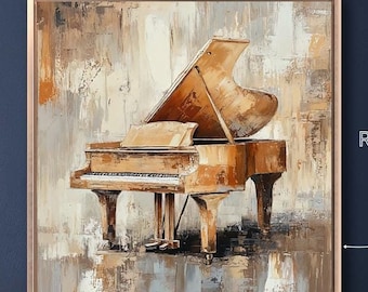 May include: A painting of a grand piano in a muted brown and beige colour scheme. The piano is set against a textured background with a rose gold frame.