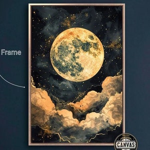 Impresión en lienzo enmarcada de luna llena celestial, lienzo de cielo estrellado, arte de pared, pintura de galaxia cósmica, impresión de nubes de luz de luna, decoración lista para colgar