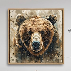 Powerful Grizzly Bear Framed Canvas Print Abstract Brown Animal Canvas Wall Art Wildlife Painting Print Rustic Decor Gift Ready to Hang
