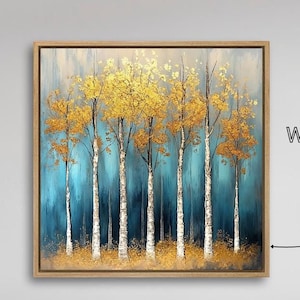 Lienzo enmarcado con árboles altos dorados, lienzo de bosque otoñal, arte de pared, pintura de hojas de otoño, impresión de naturaleza, decoración de pared de lujo lista para colgar