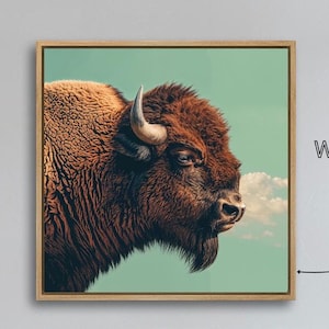 North American Bison Framed Canvas Print Horned Animal Canvas Wall Art Furry Coat Brown Buffalo Poster Wildlife Decor Gift Ready to Hang