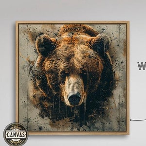 Abstract Bear Face Framed Canvas Wall Art Grizzly Bear Portrait Painting Print Powerful Animal Wall Decor Large Modern Poster Ready to Hang