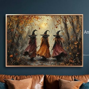 Fantasy Witches Framed Canvas Print Creepy Halloween Canvas Wall Art Mystical Painting Print Enchanted Forest Decor Gift Ready to Hang
