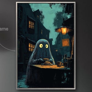 Ghost in a Creepy Alley Framed Canvas Print Halloween Canvas Wall Art Ghostly Figure Painting Print Spooky Glowing Eyes Decor Ready to Hang
