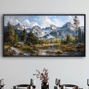 Mountain Landscape Framed Canvas Print Green Trees and River Canvas Wall Art Wilderness Painting Print Nature Wall Decor Gift Ready to Hang
