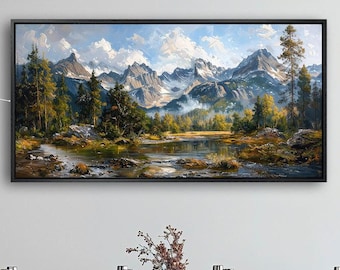 Mountain Landscape Framed Canvas Print Green Trees and River Canvas Wall Art Wilderness Painting Print Nature Wall Decor Gift Ready to Hang