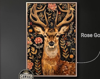 William Morris Inspired Deer Framed Canvas Wall Art Stag with Floral Background Painting Print Rustic Wall Decor Animal Poster Ready to Hang