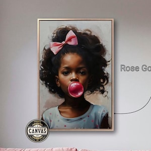 Lienzo enmarcado con una encantadora niña negra con chicle, arte de pared, pintura linda de un niño soplando burbujas, impresión grande, decoración de pared para guardería, lista para colgar