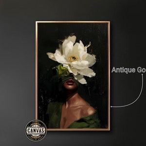 Retrato de mujer abstracto floral enmarcado, lienzo para pared, arte de pared, pintura de cabeza de flor de dama, impresión elegante, decoración de pared grande, póster vertical listo para colgar