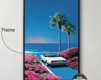 Retro Convertible on Beach Framed Canvas Wall Art Vintage Car Coastal Painting Print Vibrant Summer Wall Decor Hiroshi Nagai Inspired Poster
