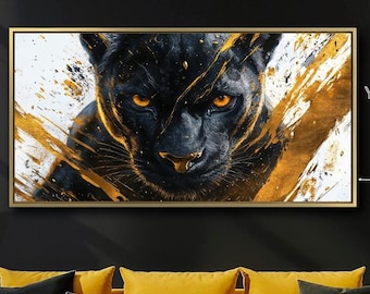 Black Panther Framed Canvas Print, Abstract Gold Wildlife Art