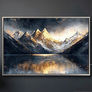 Mountain Landscape at Sunset Framed Canvas Print Scenery Lake Canvas Wall Art Nature Painting Print Panoramic Luxury Decor Ready to Hang