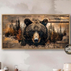 Mighty Brown Bear Framed Canvas Print Abstract Grizzly in Serene Woodland Canvas Wall Art Rustic Animal Poster Panoramic Decor Ready to Hang