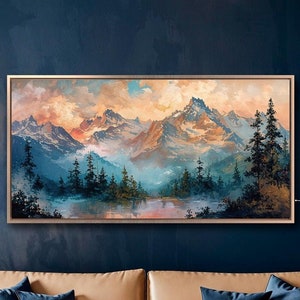 Mystic Mountain Landscape Framed Canvas Print Snowy Peaks and Lake Canvas Wall Art Vibrant Painting Print Beauty Nature Decor Ready to Hang
