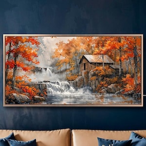 Impresión en lienzo enmarcada de cabaña rústica con cascada, paisaje otoñal, arte de pared, pintura de arroyo de montaña, decoración forestal, lista para colgar