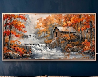 Autumn Cabin & Waterfall Canvas Print, Framed Landscape Art