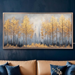 Impresión en lienzo con marco de bosque dorado, paisaje místico, arte de pared, pintura de naturaleza otoñal, impresión de escena nocturna, decoración de lujo lista para colgar