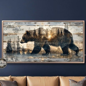 Impresión de pintura de silueta de oso rústico sobre lienzo, arte de pared, paisaje forestal abstracto, decoración de pared rústica enmarcada, póster grande listo para colgar