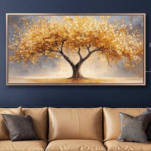 Lienzo enmarcado con impresión de árbol otoñal en el campo, hojas anaranjadas, arte de pared, pintura botánica, impresión, naturaleza encantadora, decoración de lujo, lista para colgar