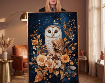 Adorable Owl Framed Canvas Print - Nocturnal Bird Art, Night Sky Painting, Botanical Print, Floral Artwork, Animal Lover Gift, Bedroom Decor