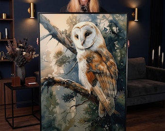 Forest Owl Watercolor Canvas Print, Nocturnal Bird Perched Tree Wall Art (Ready to Hang)