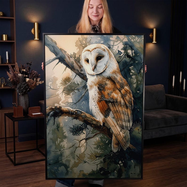 Forest Owl Watercolor Canvas Print, Nocturnal Bird Perched Tree Wall ...