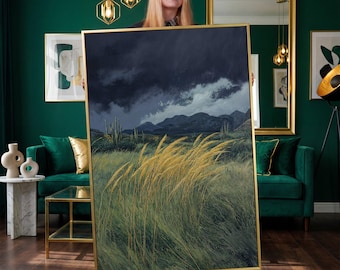 Dramatic Stormy Landscape Framed Canvas Print, Modern Pastoral Painting - Large Wall Art, Living Room Decor, Nature Art Print, Ready to Hang