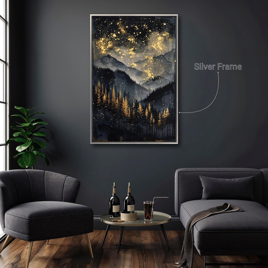 Framed Starry Night Canvas Art, Gold Forest Mountain Print - Etsy