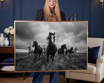 Wild Horses Galloping Black and White Canvas Wall Art, Equine Photography Print Ready Hang