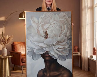 Black Woman Floral Canvas Art, Elegant Flower Painting Print, Ready to Hang Wall Decor