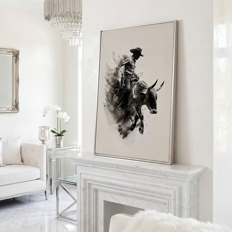 Dynamic Rodeo Cowboy Bull Riding Canvas Art Print – Western Farmhouse Wall Decor Silver Frame