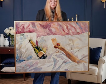 Champagne in Bed Watercolor Canvas Art Print, Woman with Glass Elegant Wall Decor