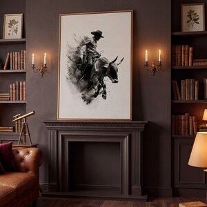 Dynamic Rodeo Cowboy Bull Riding Canvas Art Print – Western Farmhouse Wall Decor Antique Gold Frame