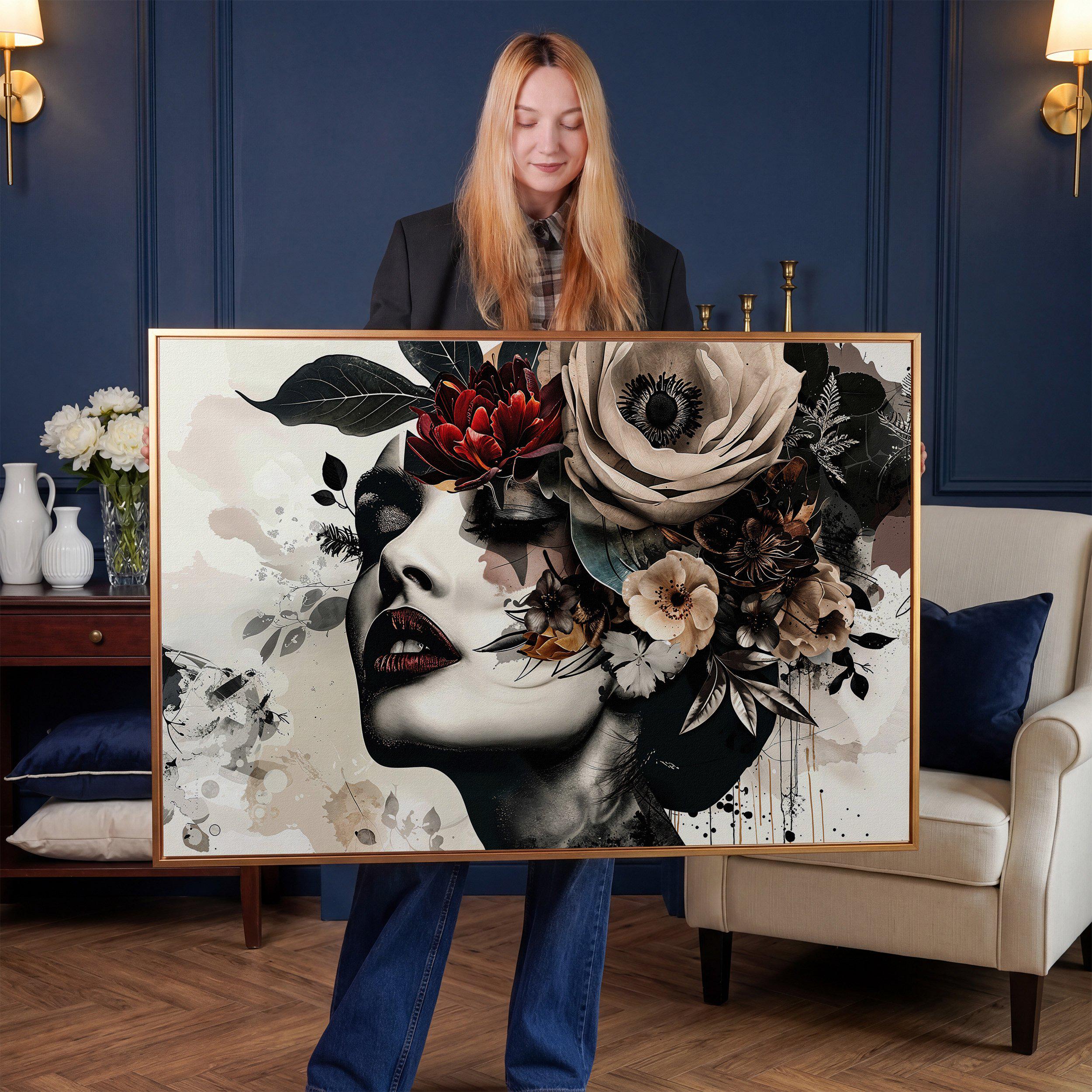 Abstract Floral Woman Framed Canvas Art, Modern Face Painting Print ...