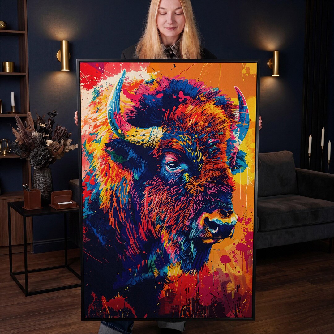Abstract Bison Canvas Print: Vibrant Buffalo Wildlife Wall Art, Ready ...