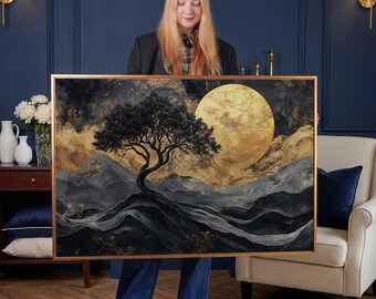 Mystery Landscape Framed Canvas Print: Black Tree, Gold Moon Night Scene Wall Art