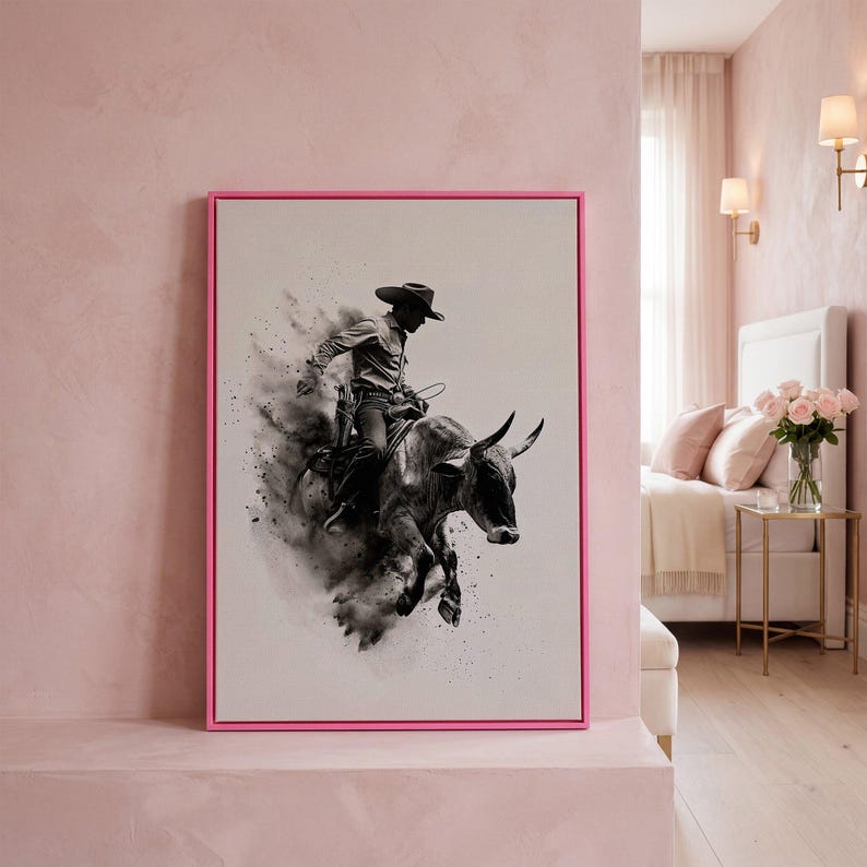 Dynamic Rodeo Cowboy Bull Riding Canvas Art Print – Western Farmhouse Wall Decor Pink Frame