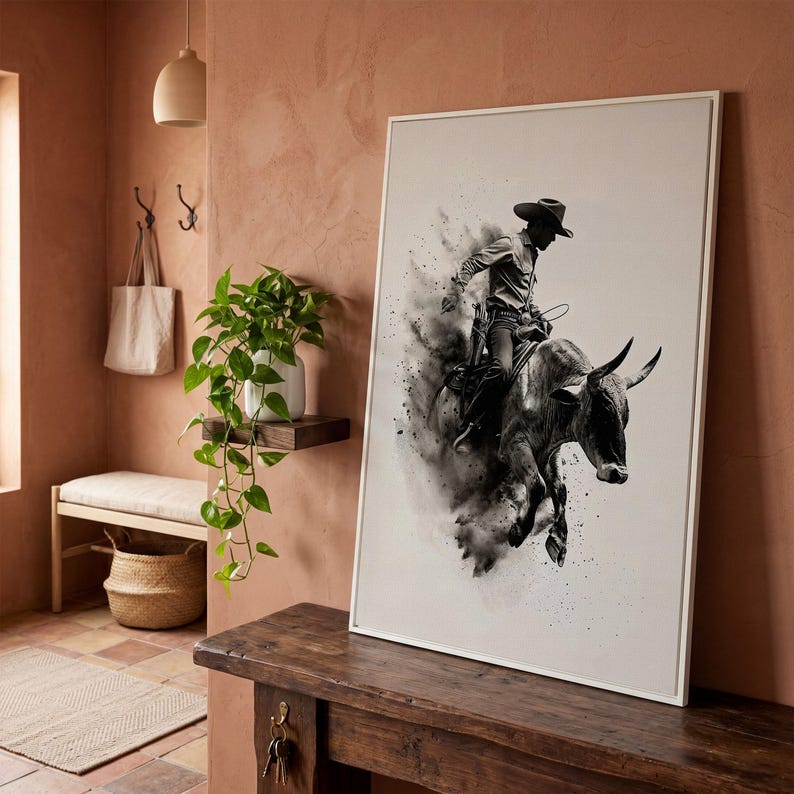 Dynamic Rodeo Cowboy Bull Riding Canvas Art Print – Western Farmhouse Wall Decor White Frame
